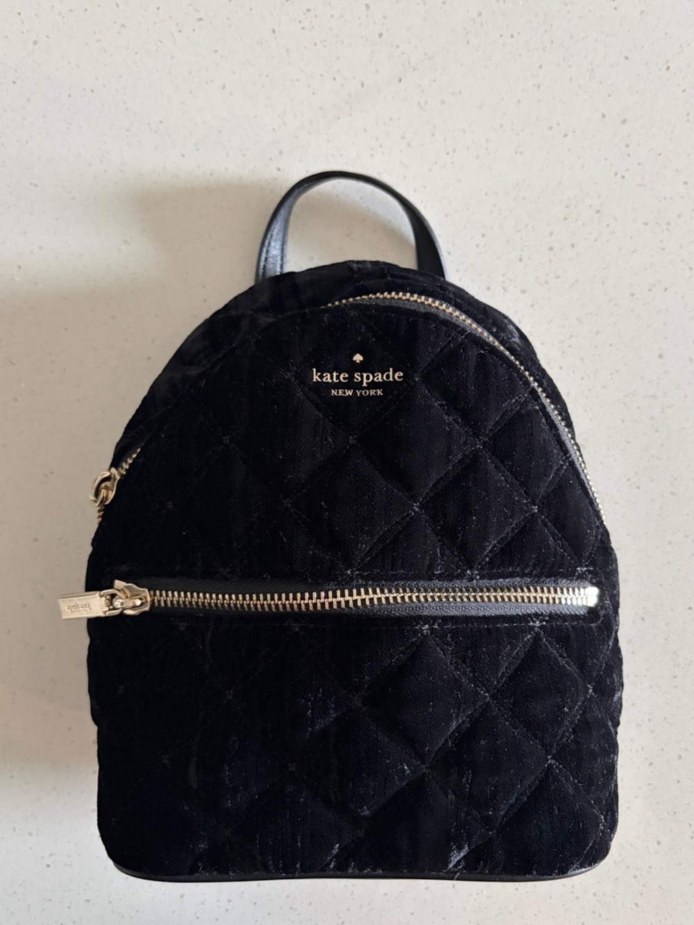 kate spade Black Quilted Velvet Mini Backpack with Gold Hardware Accents